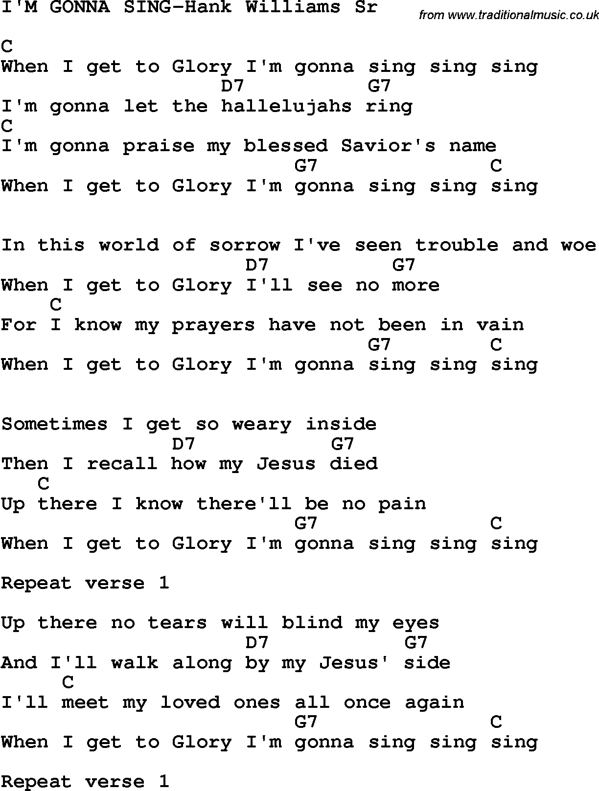 Country, Southern and Bluegrass Gospel Song I'M GONNA SING-Hank Williams Sr lyrics and chords