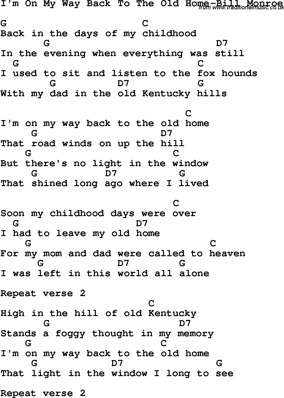 Country, Southern and Bluegrass Gospel Song I'm On My Way Back To The Old Home-Bill Monroe lyrics and chords