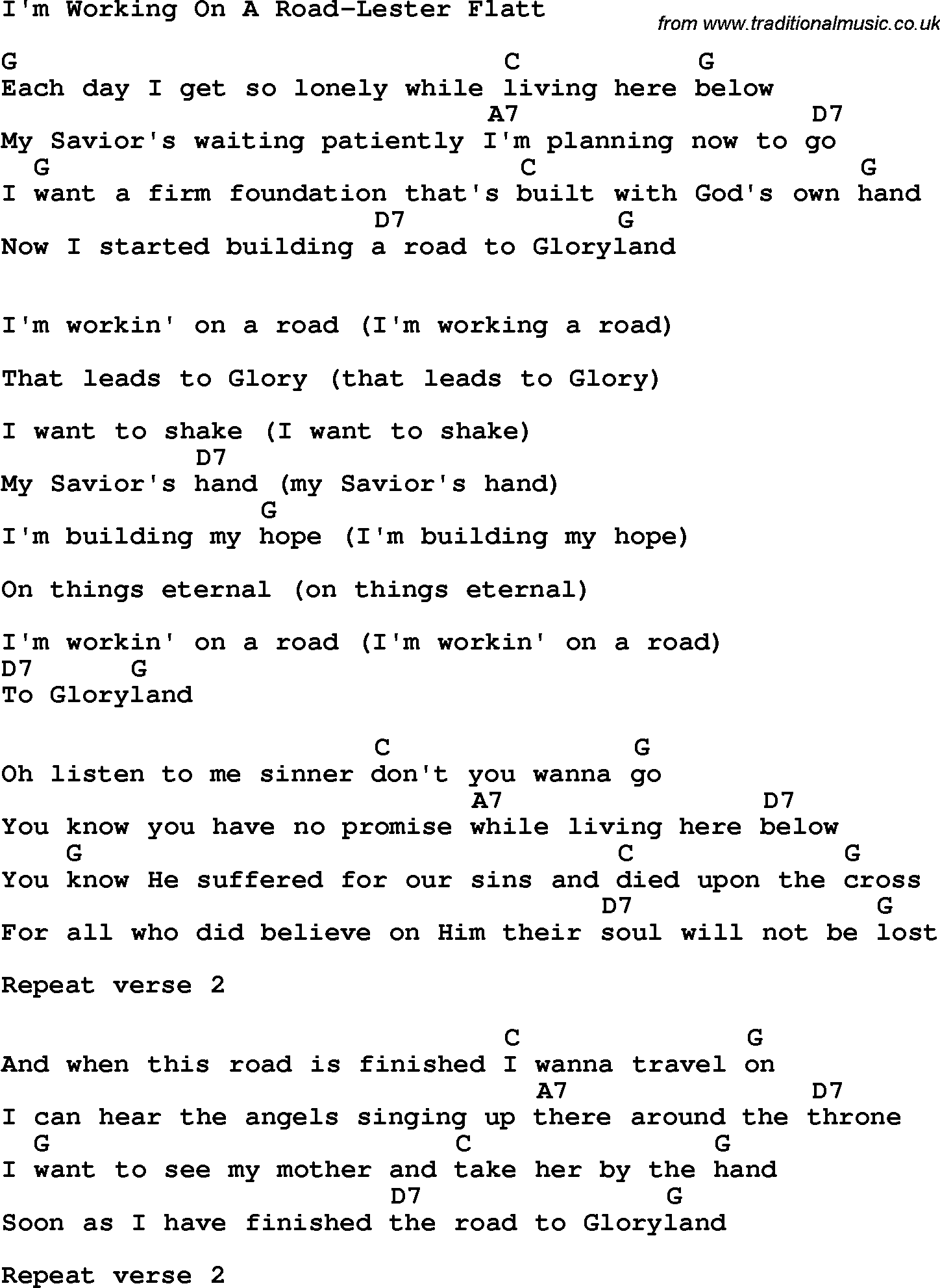 Country, Southern and Bluegrass Gospel Song I'm Working On A Road-Lester Flatt lyrics and chords