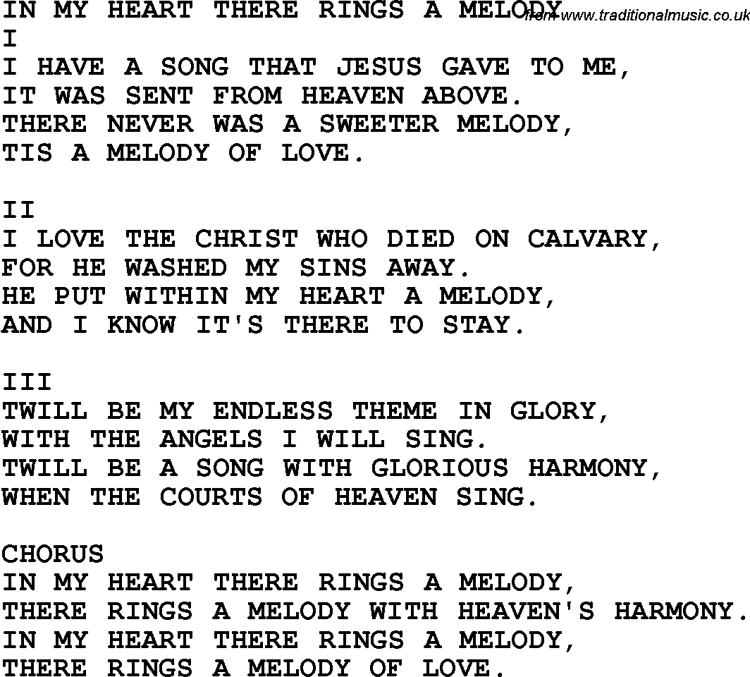 Country, Southern and Bluegrass Gospel Song In My Heart There Rings A Melody lyrics 