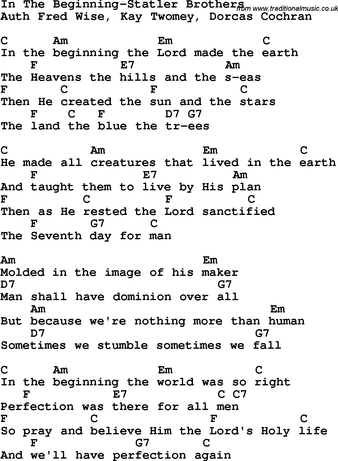 Country, Southern and Bluegrass Gospel Song In The Beginning-Statler Brothers lyrics and chords
