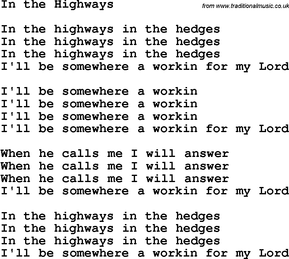Country, Southern and Bluegrass Gospel Song In The Highways lyrics 