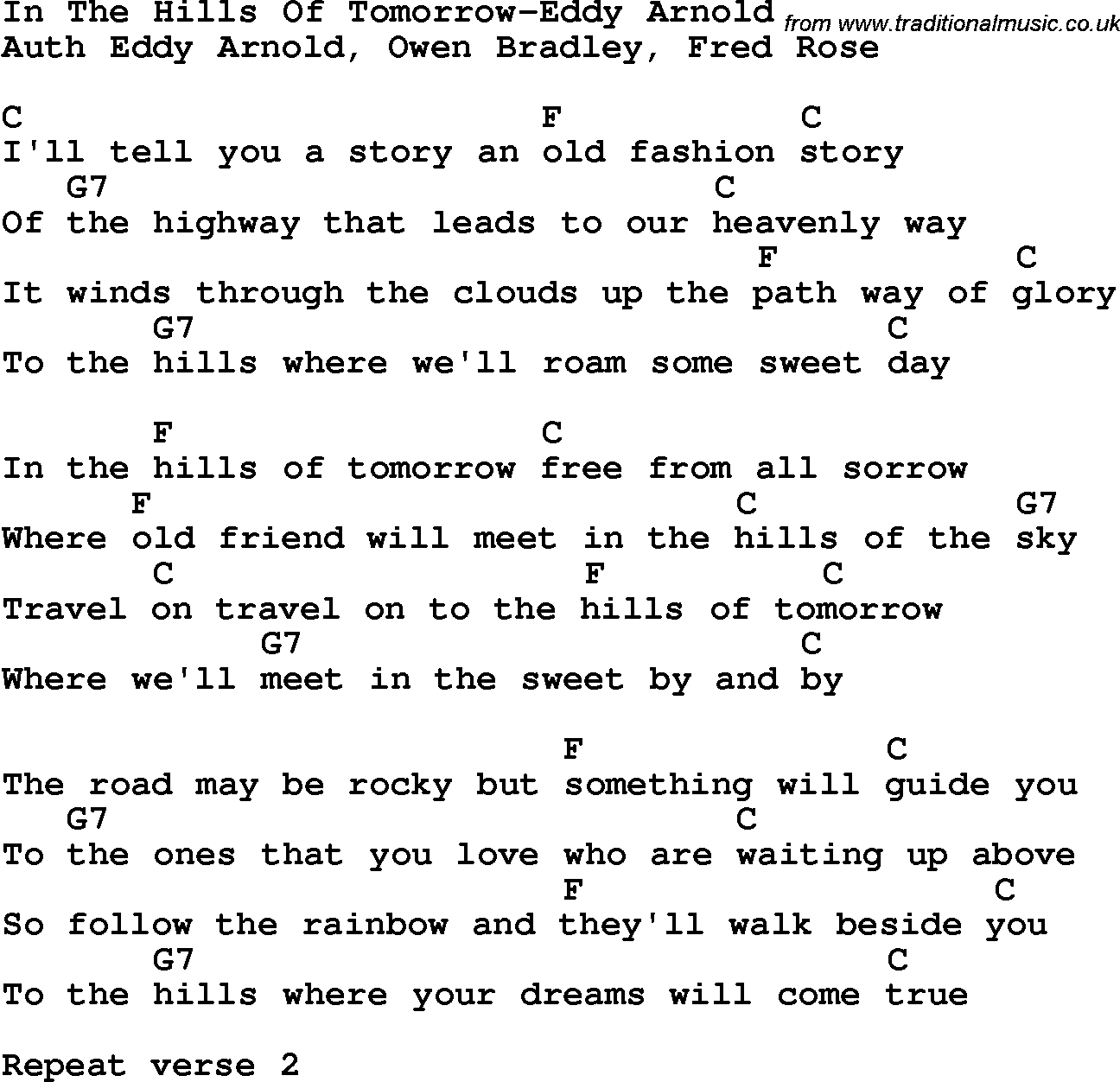 Country, Southern and Bluegrass Gospel Song In The Hills Of Tomorrow-Eddy Arnold lyrics and chords