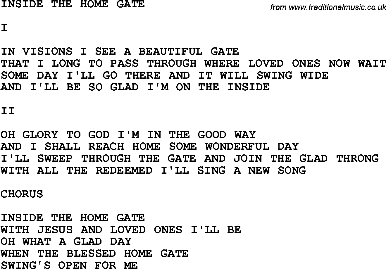 Country, Southern and Bluegrass Gospel Song Inside The Home Gate lyrics 