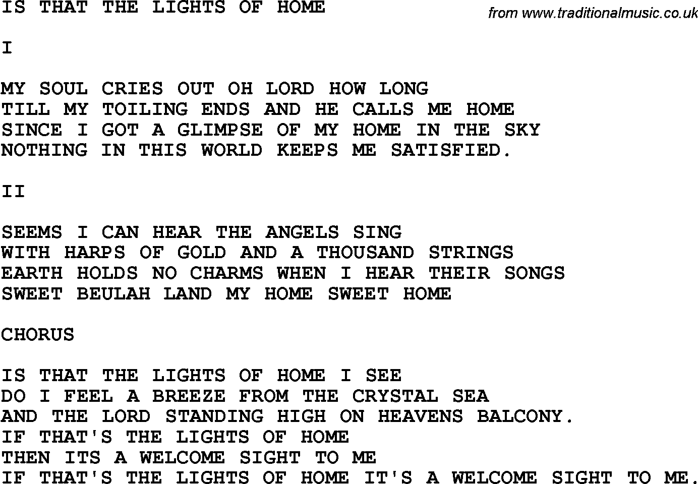 Country, Southern and Bluegrass Gospel Song Is That The Lights Of Home lyrics 