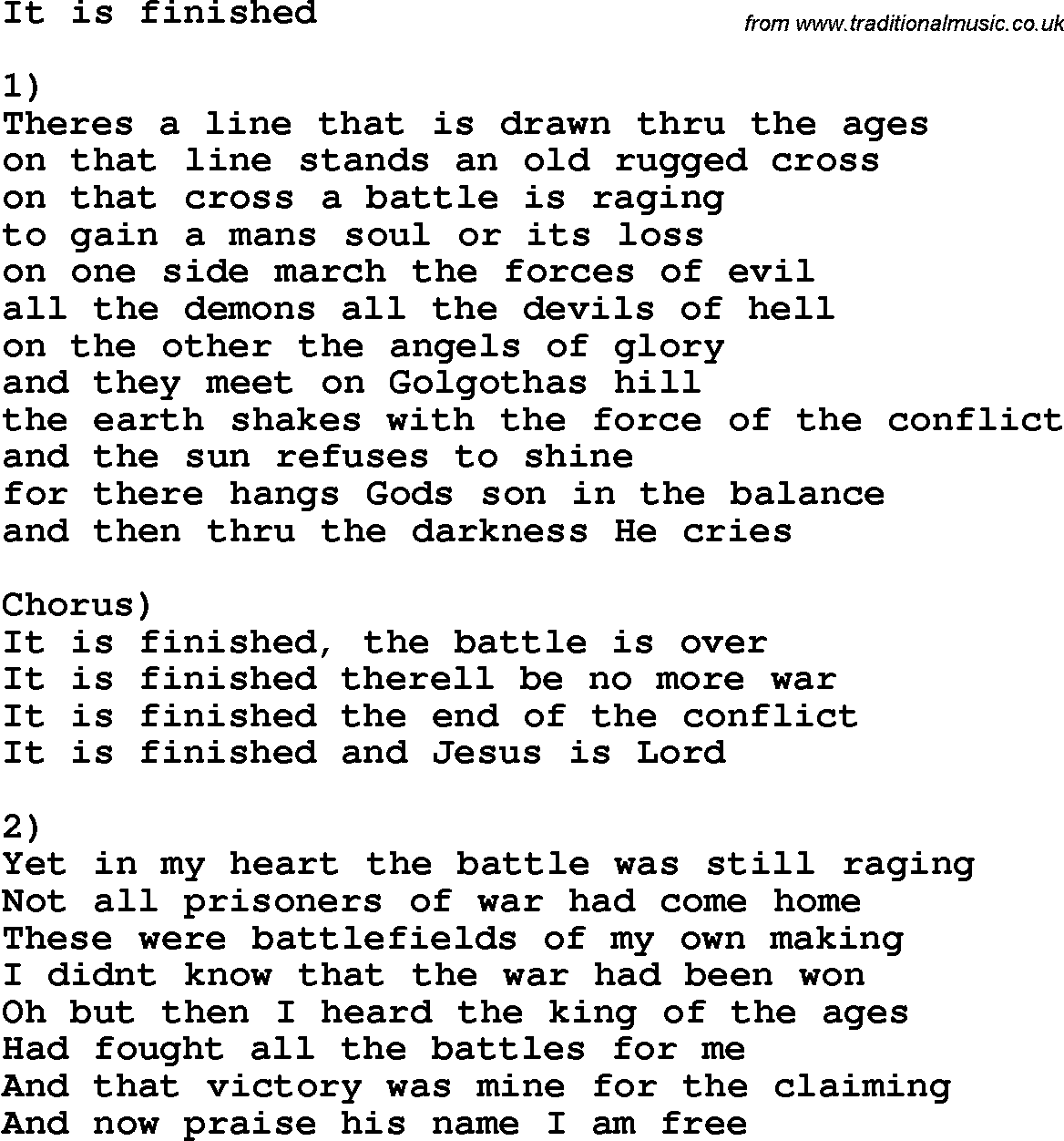 Country, Southern and Bluegrass Gospel Song It Is Finished lyrics 
