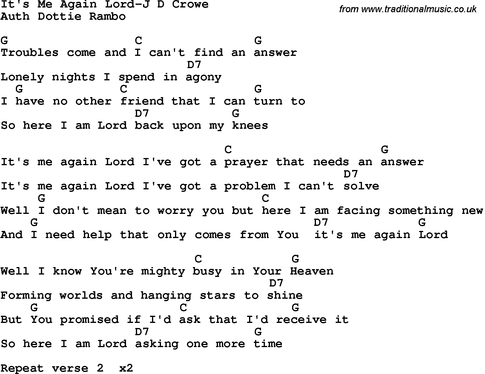 Country, Southern and Bluegrass Gospel Song It's Me Again Lord-J D Crowe lyrics and chords