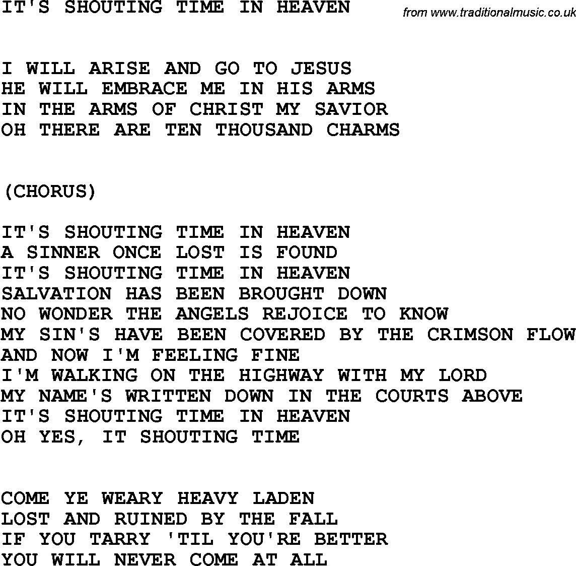 Country, Southern and Bluegrass Gospel Song It's Shouting Time In Heaven lyrics 