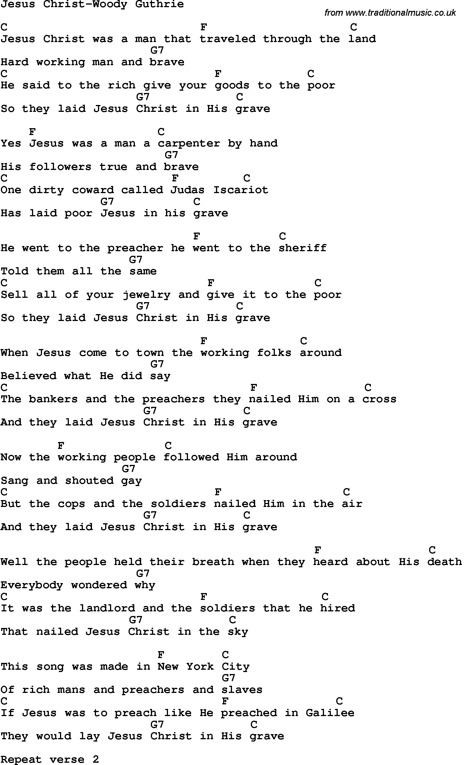 Country, Southern and Bluegrass Gospel Song Jesus Christ-Woody Guthrie lyrics and chords