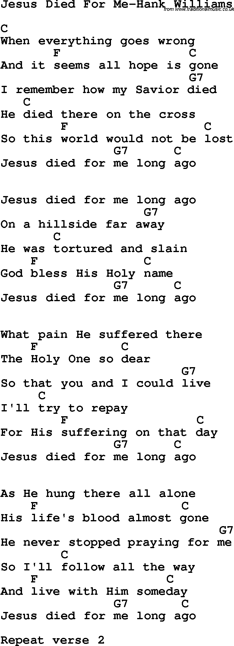 Country, Southern and Bluegrass Gospel Song Jesus Died For Me-Hank Williams lyrics and chords