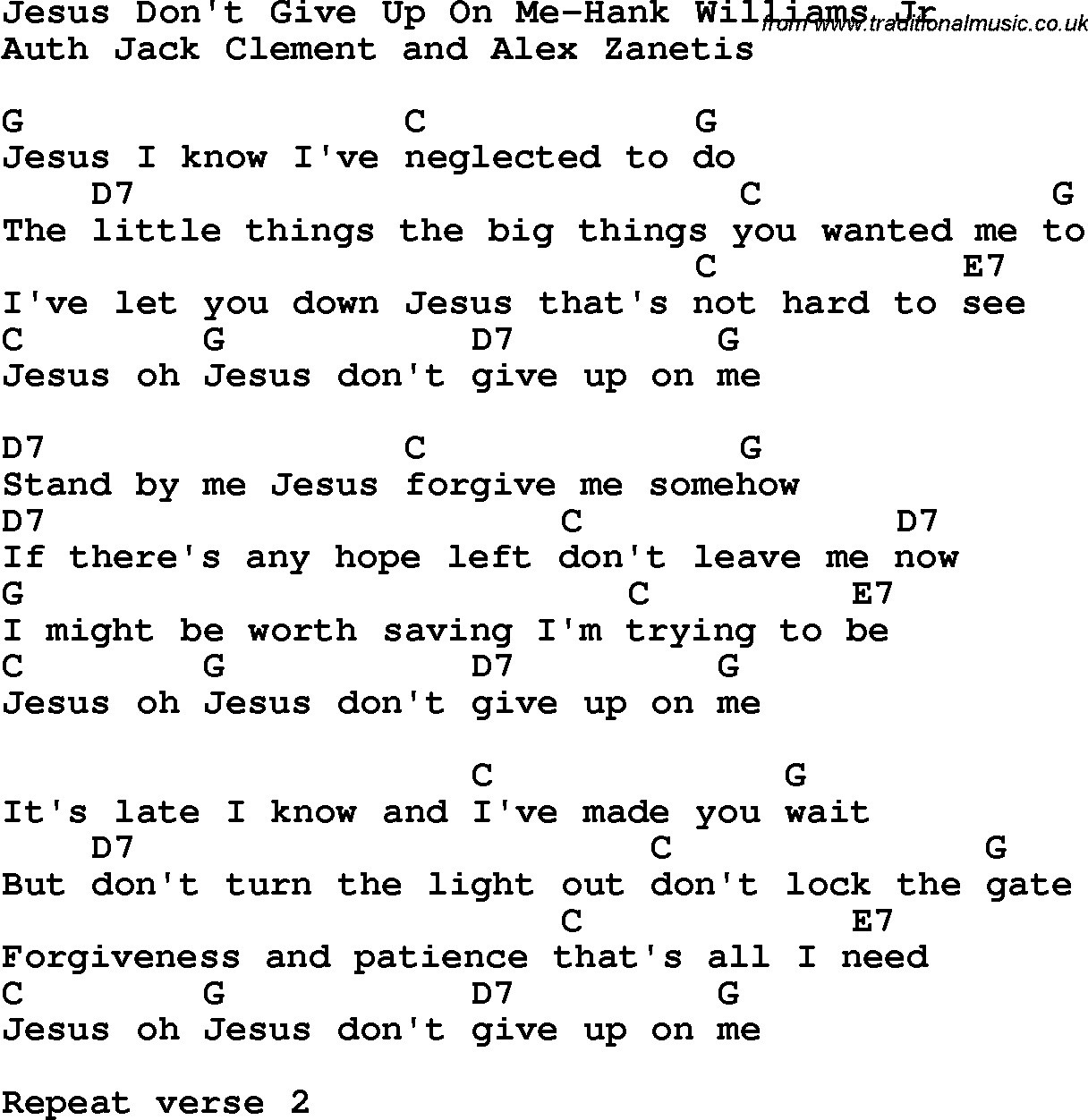 Country, Southern and Bluegrass Gospel Song Jesus Don't Give Up On Me-Hank Williams Jr lyrics and chords
