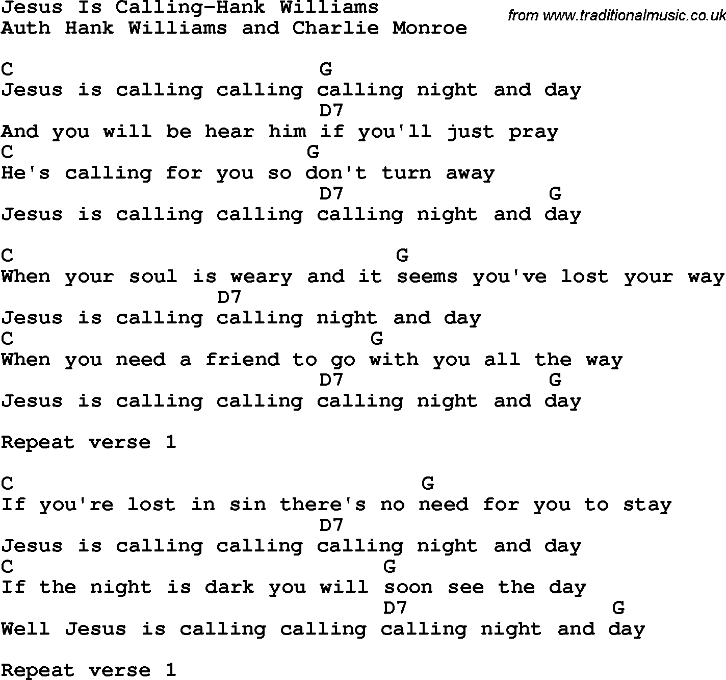 Country, Southern and Bluegrass Gospel Song Jesus Is Calling-Hank Williams lyrics and chords