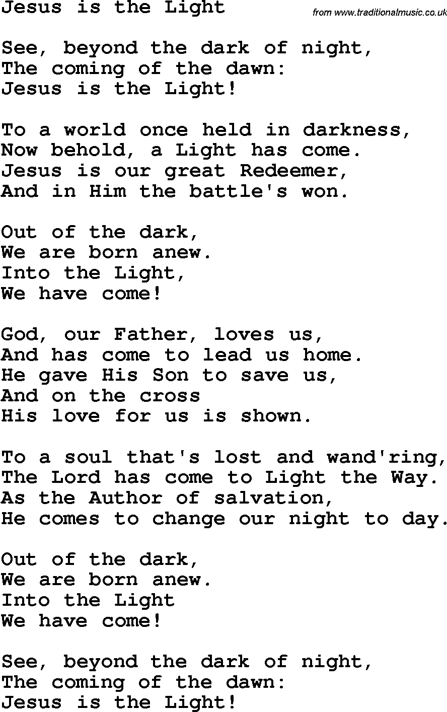 Country, Southern and Bluegrass Gospel Song Jesus Is The Light lyrics 