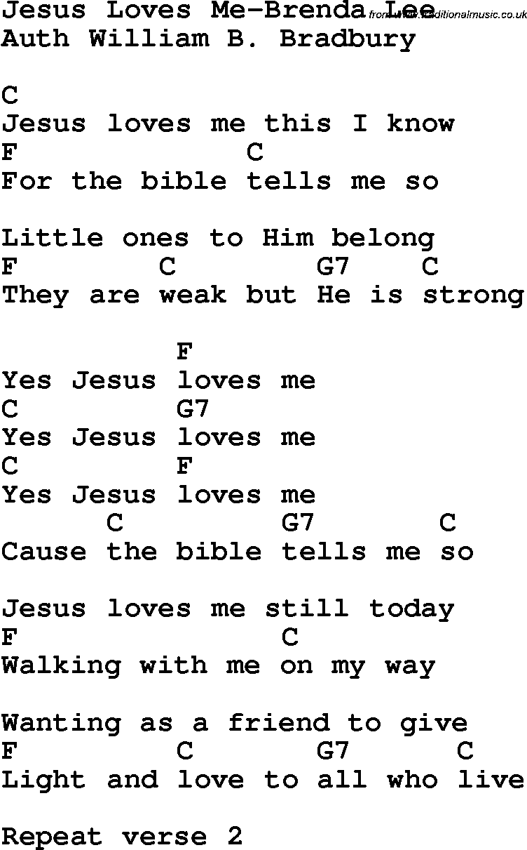 Country, Southern and Bluegrass Gospel Song Jesus Loves Me-Brenda Lee lyrics and chords