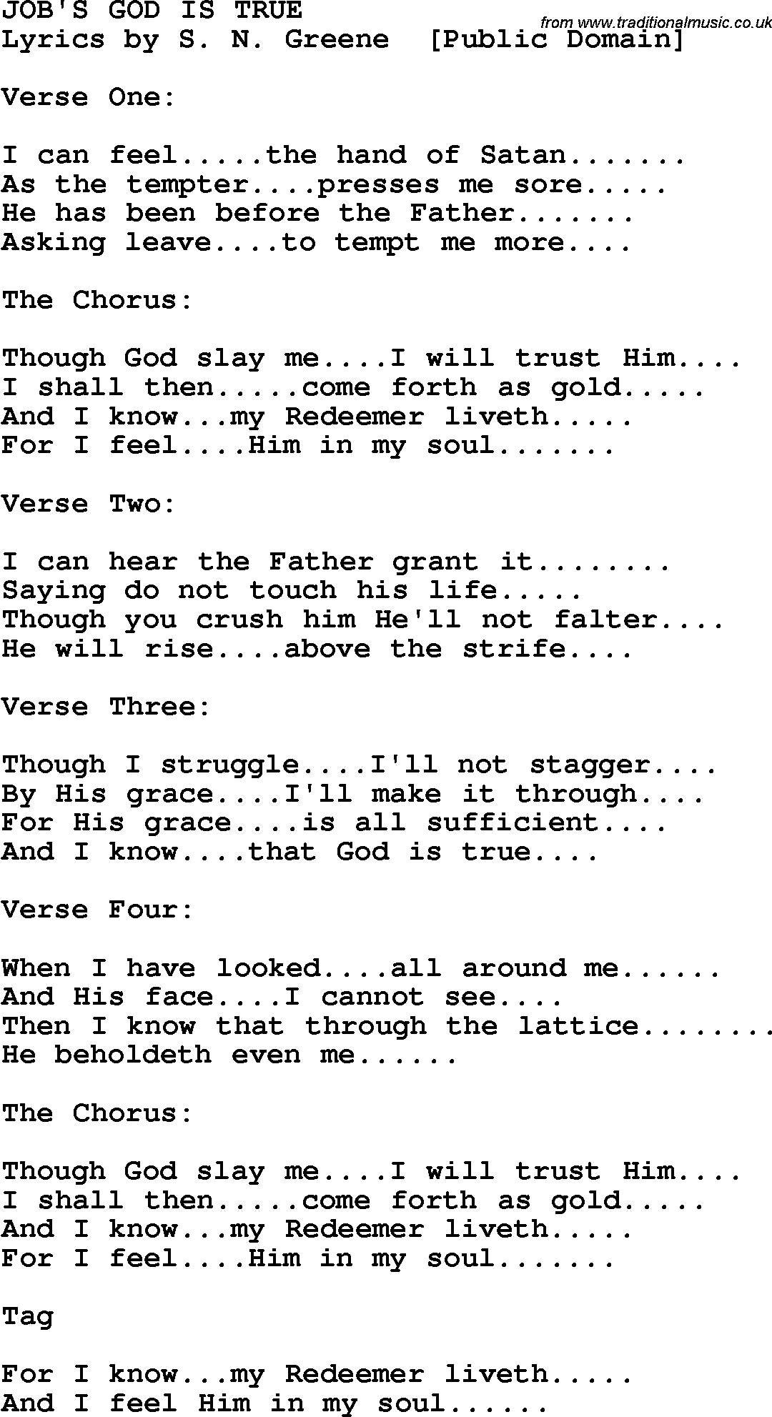 Country, Southern and Bluegrass Gospel Song Job's God Is True lyrics 