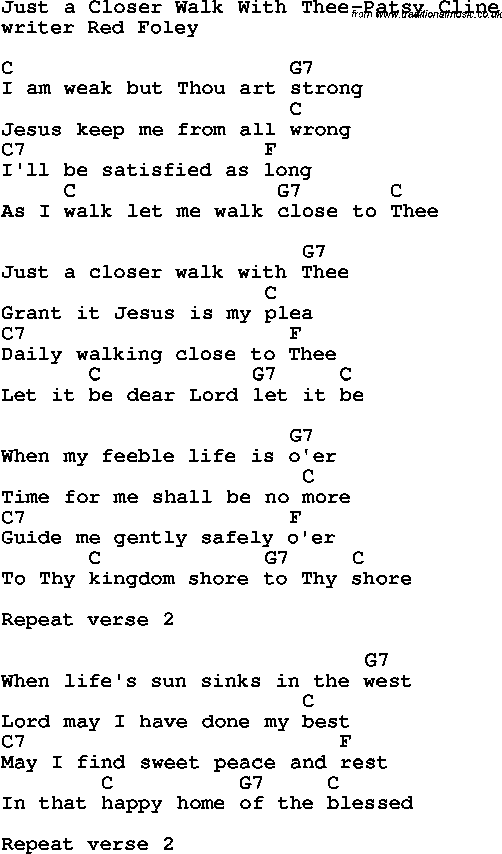 Country, Southern and Bluegrass Gospel Song Just a Closer Walk With Thee-Patsy Cline lyrics and chords