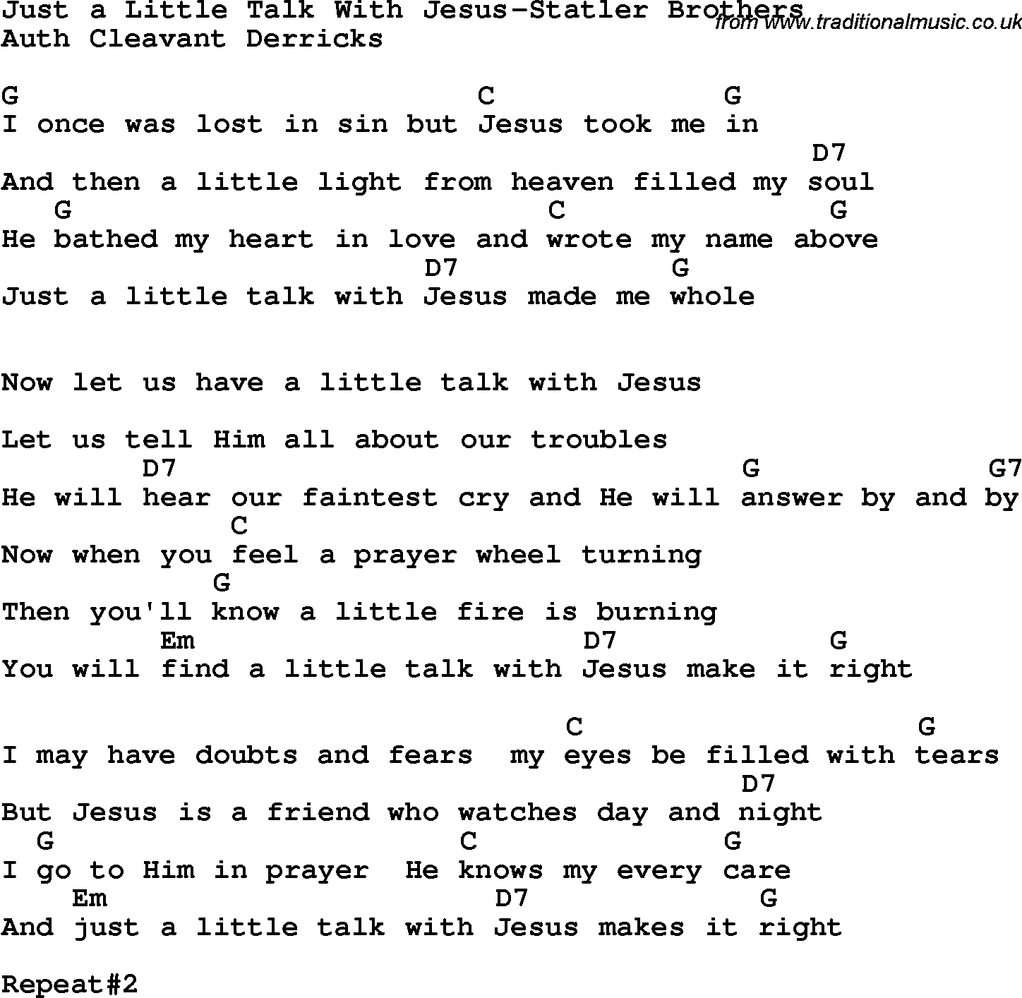 Country, Southern and Bluegrass Gospel Song Just a Little Talk With Jesus-Statler Brothers lyrics and chords