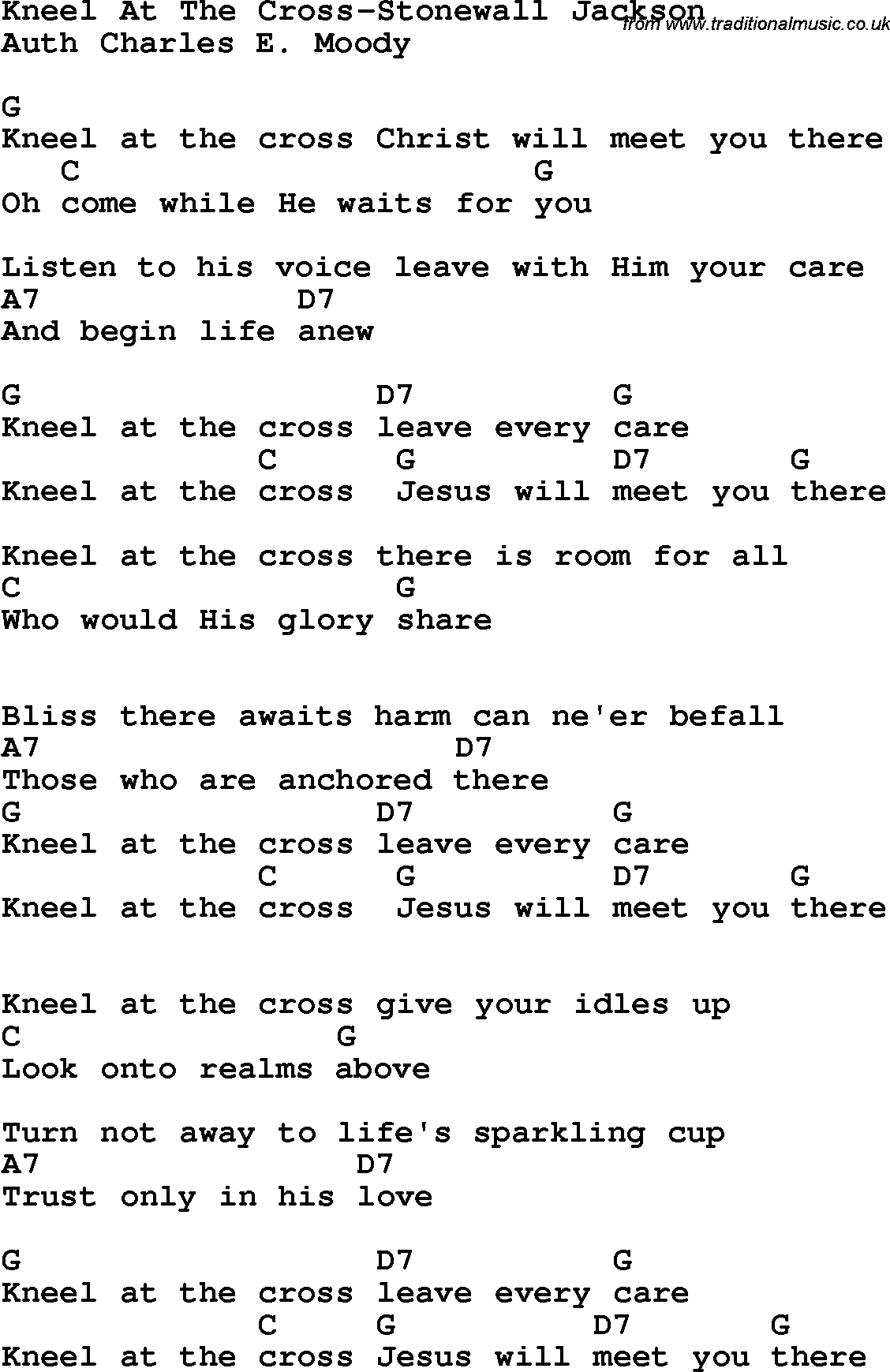Country, Southern and Bluegrass Gospel Song Kneel At The Cross-Stonewall Jackson lyrics and chords