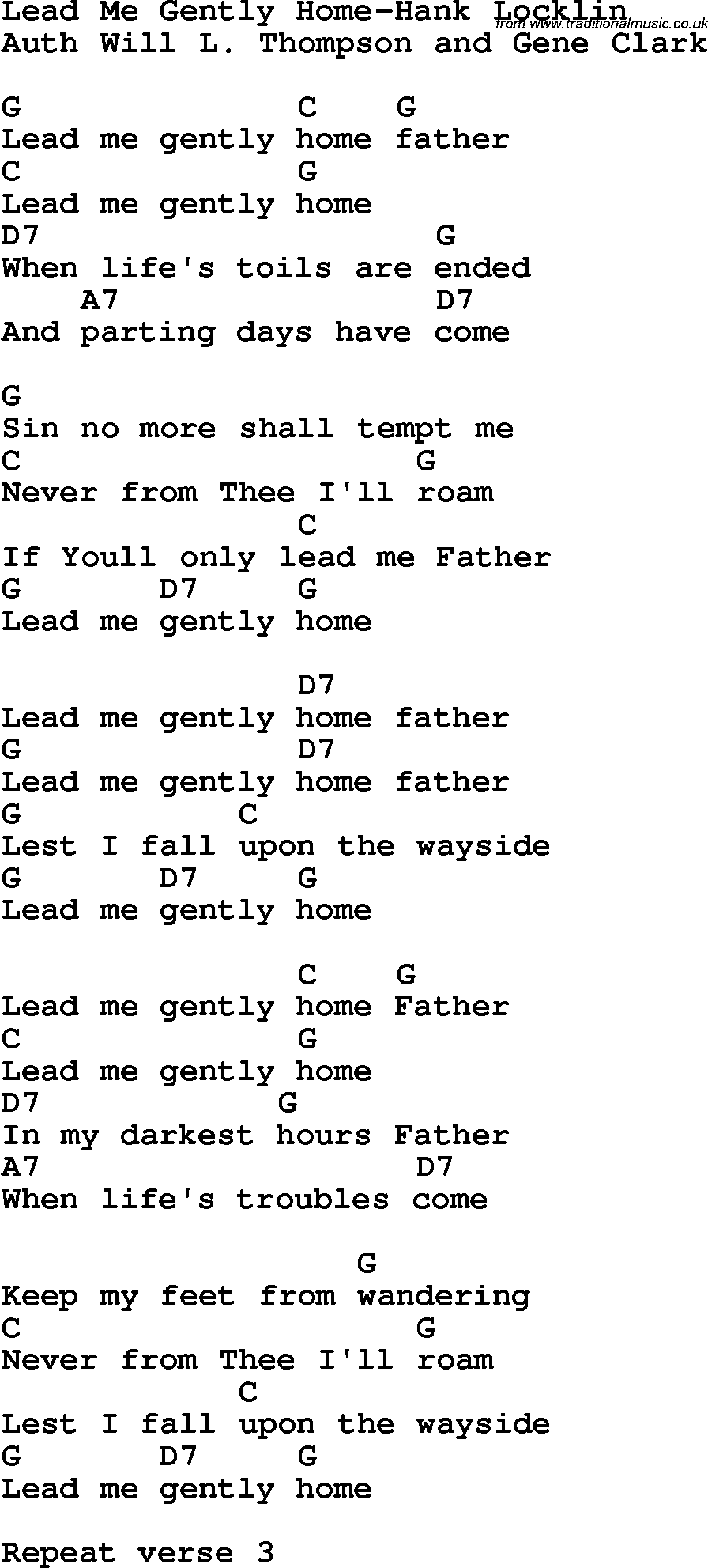 Country, Southern and Bluegrass Gospel Song Lead Me Gently Home-Hank Locklin lyrics and chords
