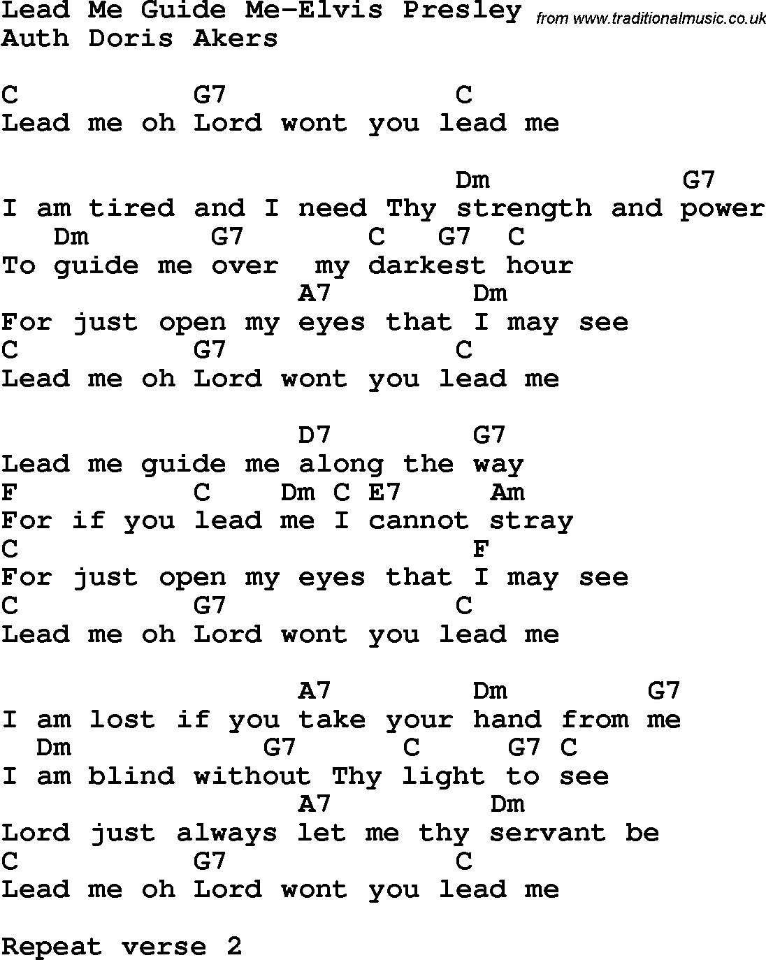 Country, Southern and Bluegrass Gospel Song Lead Me Guide Me-Elvis Presley lyrics and chords
