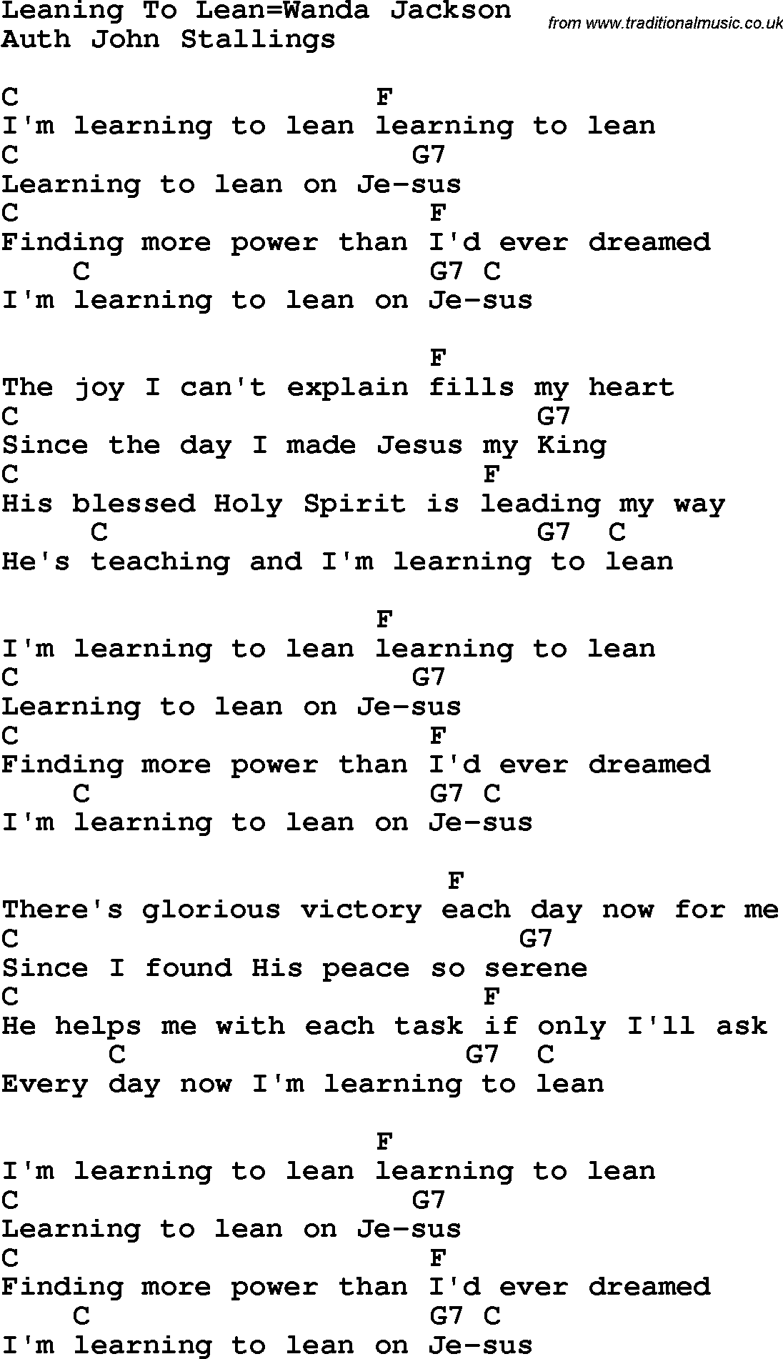 Country, Southern and Bluegrass Gospel Song Leaning To Lean=Wanda Jackson lyrics and chords
