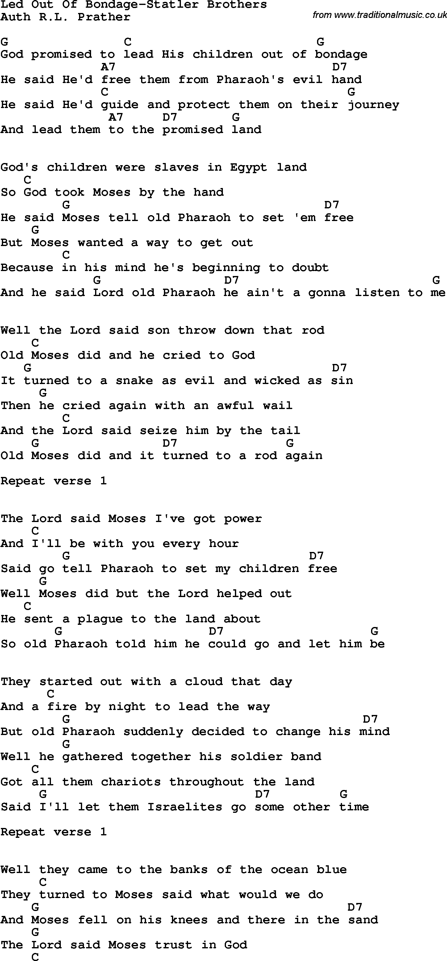 Country, Southern and Bluegrass Gospel Song Led Out Of Bondage-Statler Brothers lyrics and chords