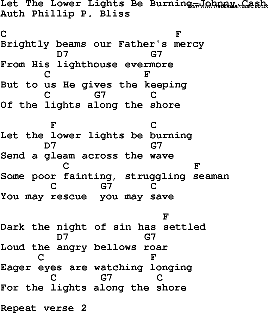Country, Southern and Bluegrass Gospel Song Let The Lower Lights Be Burning-Johnny Cash lyrics and chords
