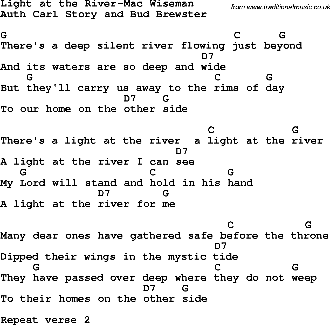 Country, Southern and Bluegrass Gospel Song Light at the River-Mac Wiseman lyrics and chords