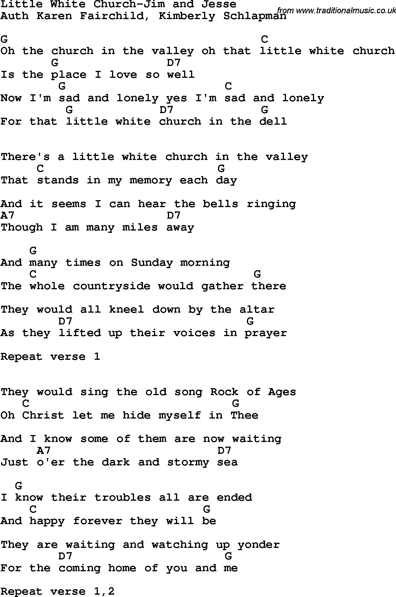 Country, Southern and Bluegrass Gospel Song Little White Church-Jim and Jesse lyrics and chords