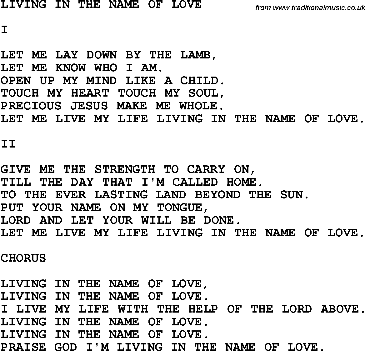 Country, Southern and Bluegrass Gospel Song Living In The Name Of Love lyrics 