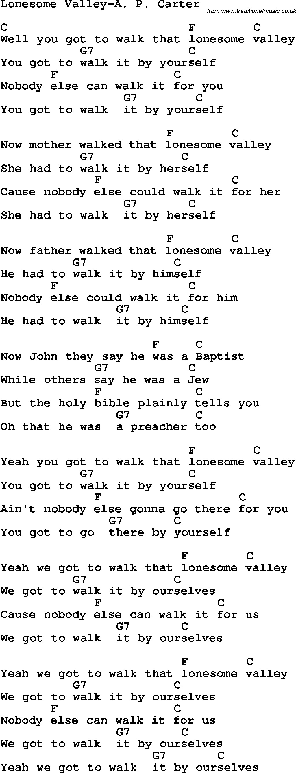Country, Southern and Bluegrass Gospel Song Lonesome Valley-A P Carter lyrics and chords