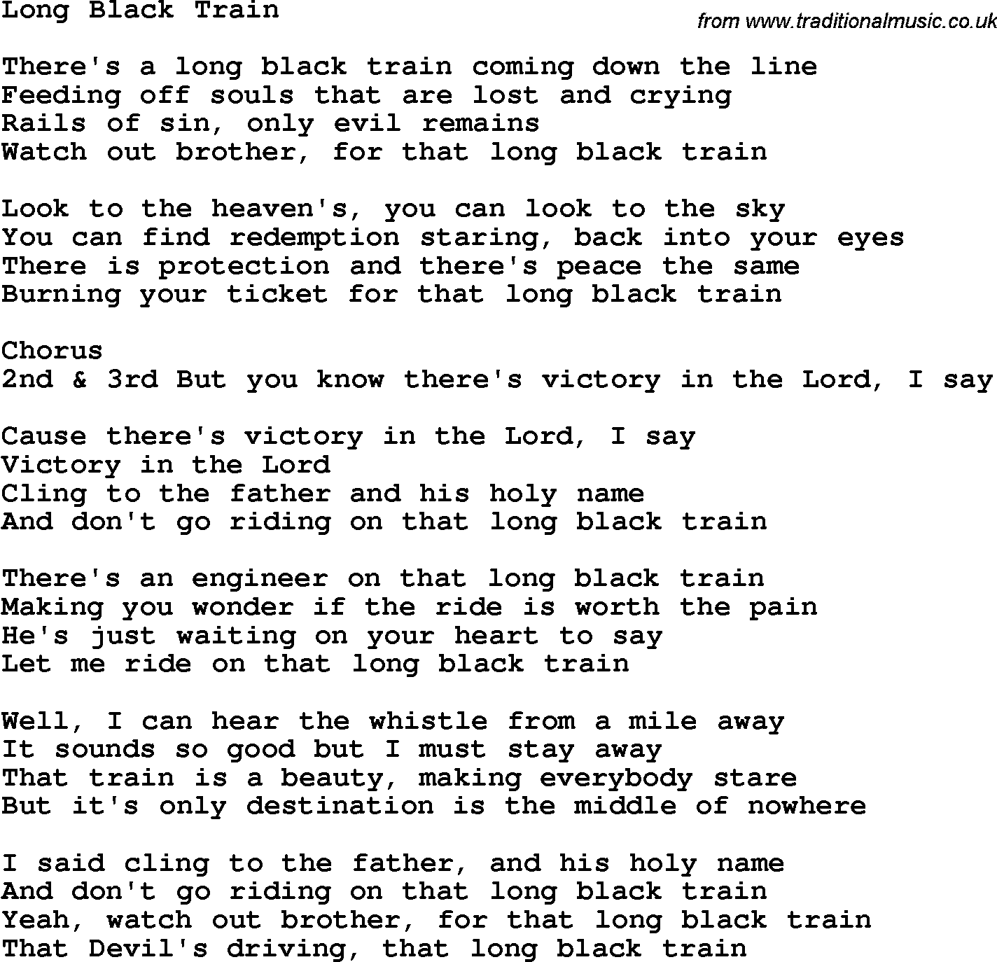 Country, Southern and Bluegrass Gospel Song Long Black Train-Turner Josh lyrics 