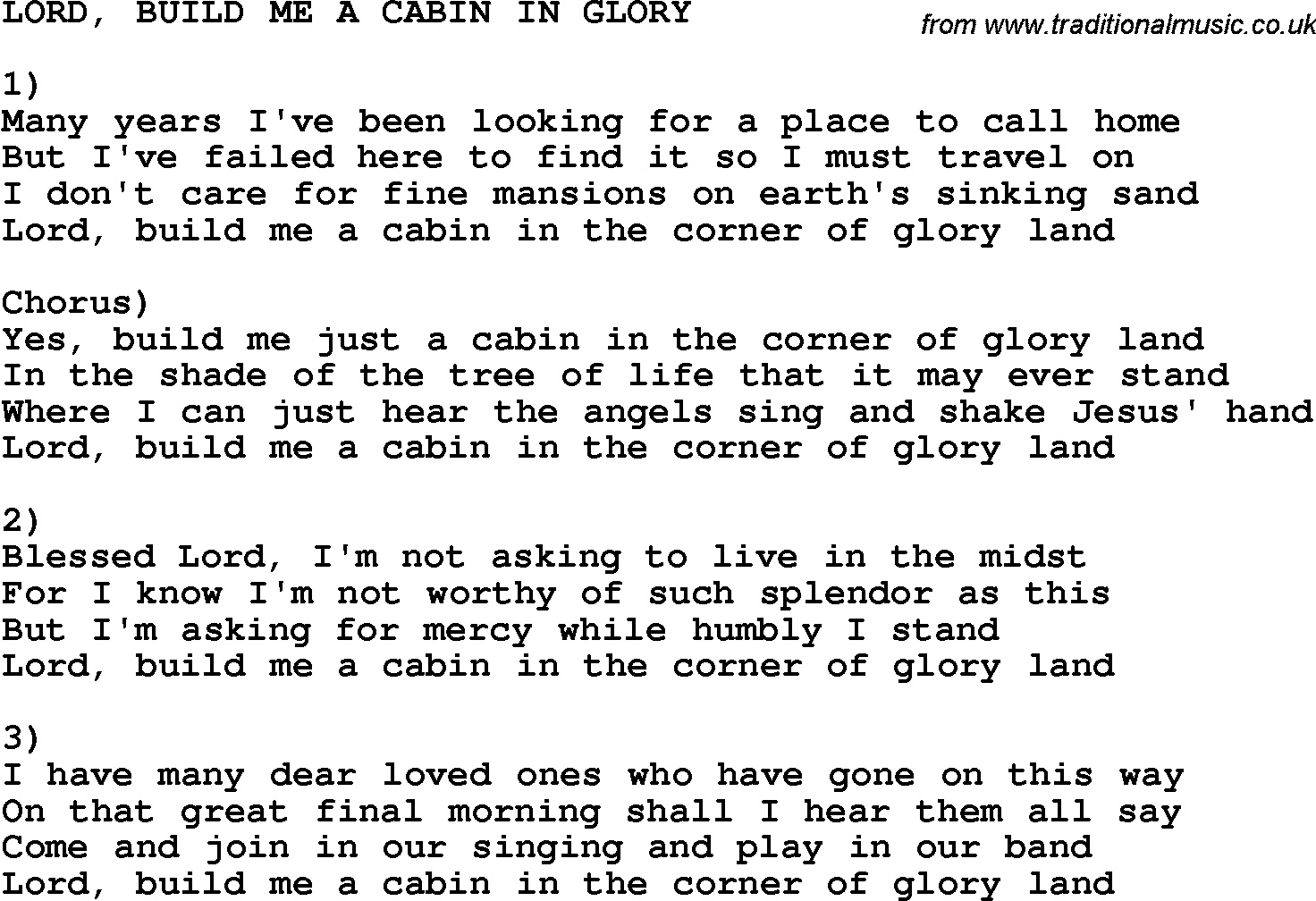 Country, Southern and Bluegrass Gospel Song Lord, Build Me A Cabin In Glory lyrics 