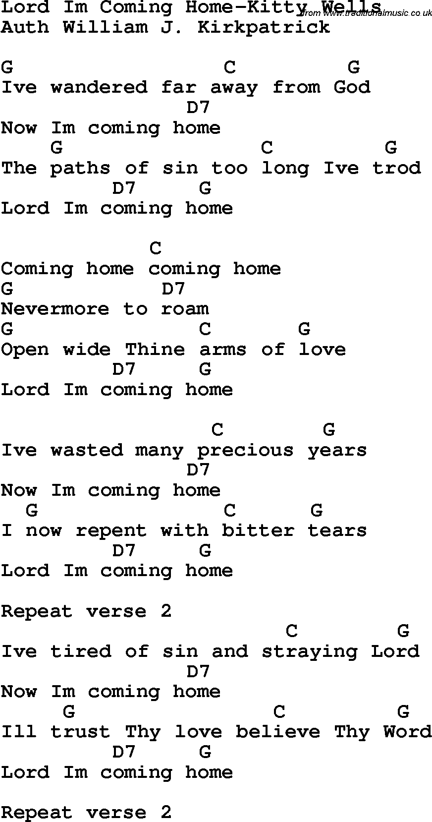Country, Southern and Bluegrass Gospel Song Lord I’m Coming Home-Kitty Wells lyrics and chords