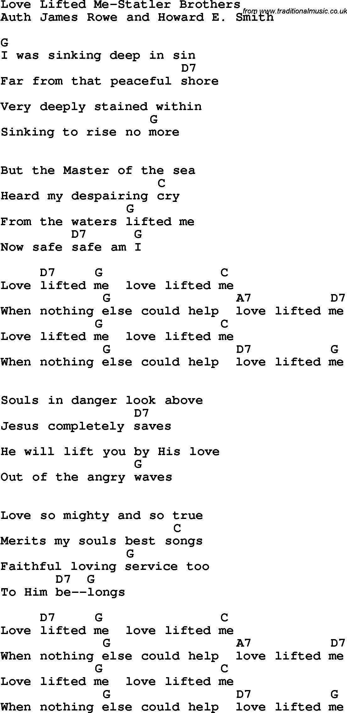 Country, Southern and Bluegrass Gospel Song Love Lifted Me-Statler Brothers lyrics and chords