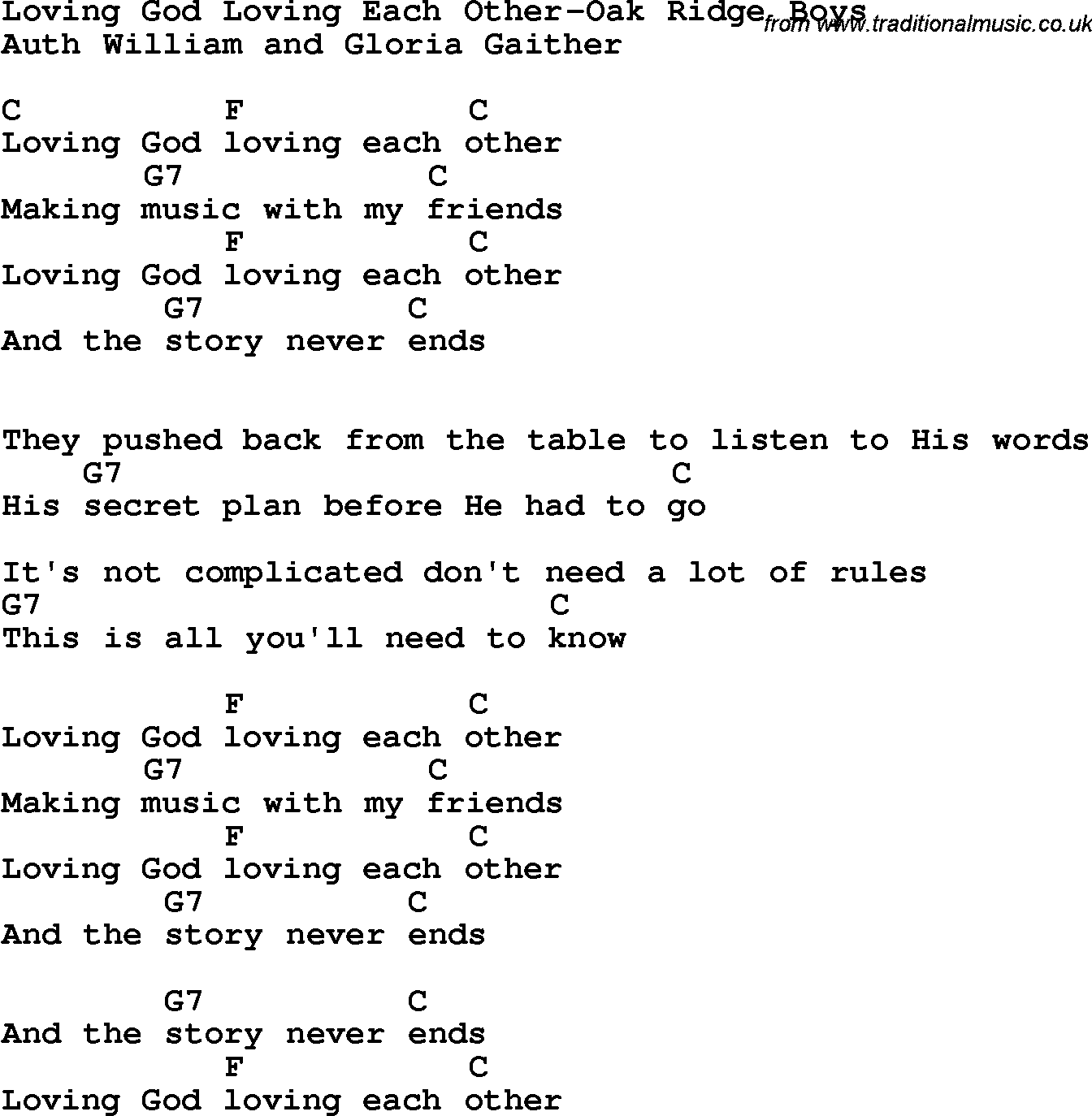 Country, Southern and Bluegrass Gospel Song Loving God Loving Each Other-Oak Ridge Boys lyrics and chords