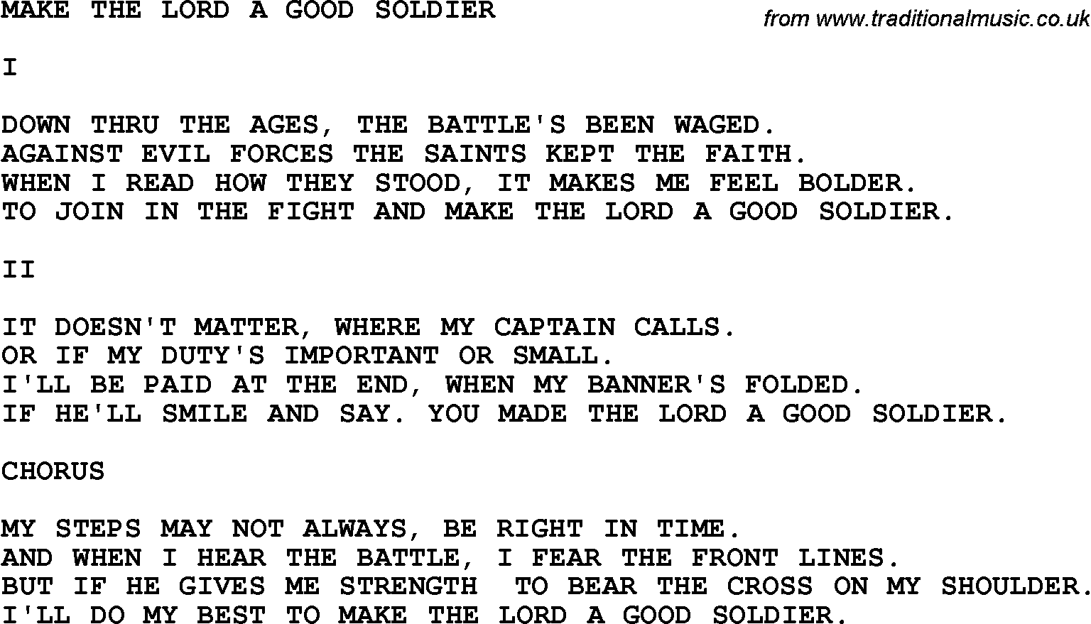 Country, Southern and Bluegrass Gospel Song Make The Lord A Good Soldier lyrics 