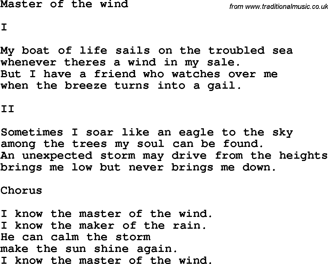 Country, Southern and Bluegrass Gospel Song Master Of The Wind lyrics 