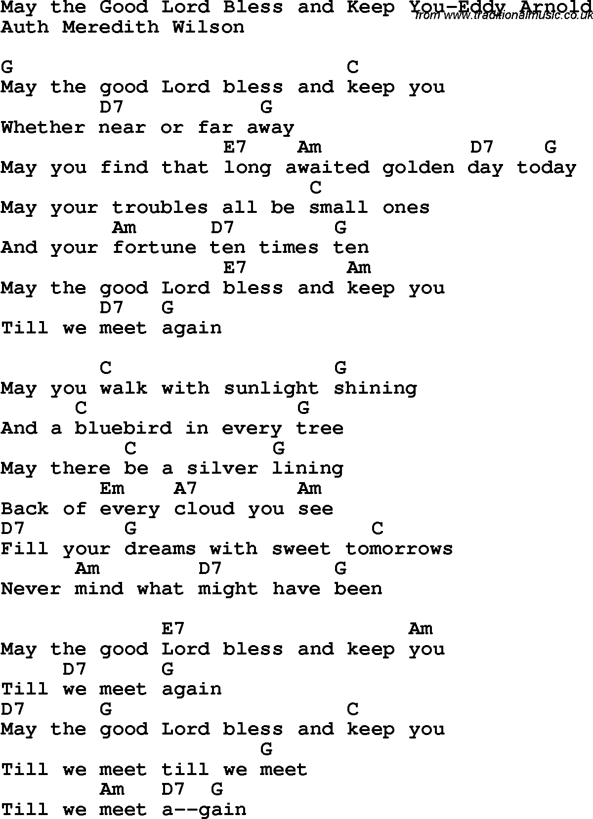 Country, Southern and Bluegrass Gospel Song May the Good Lord Bless and Keep You-Eddy Arnold lyrics and chords