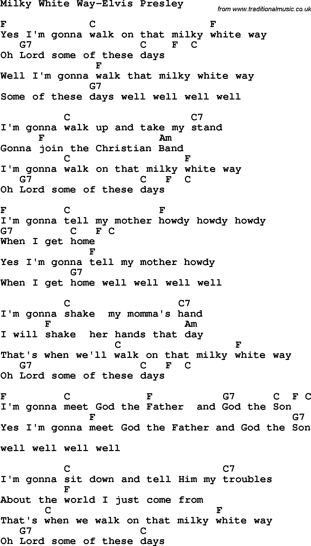 Country, Southern and Bluegrass Gospel Song Milky White Way-Elvis Presley lyrics and chords