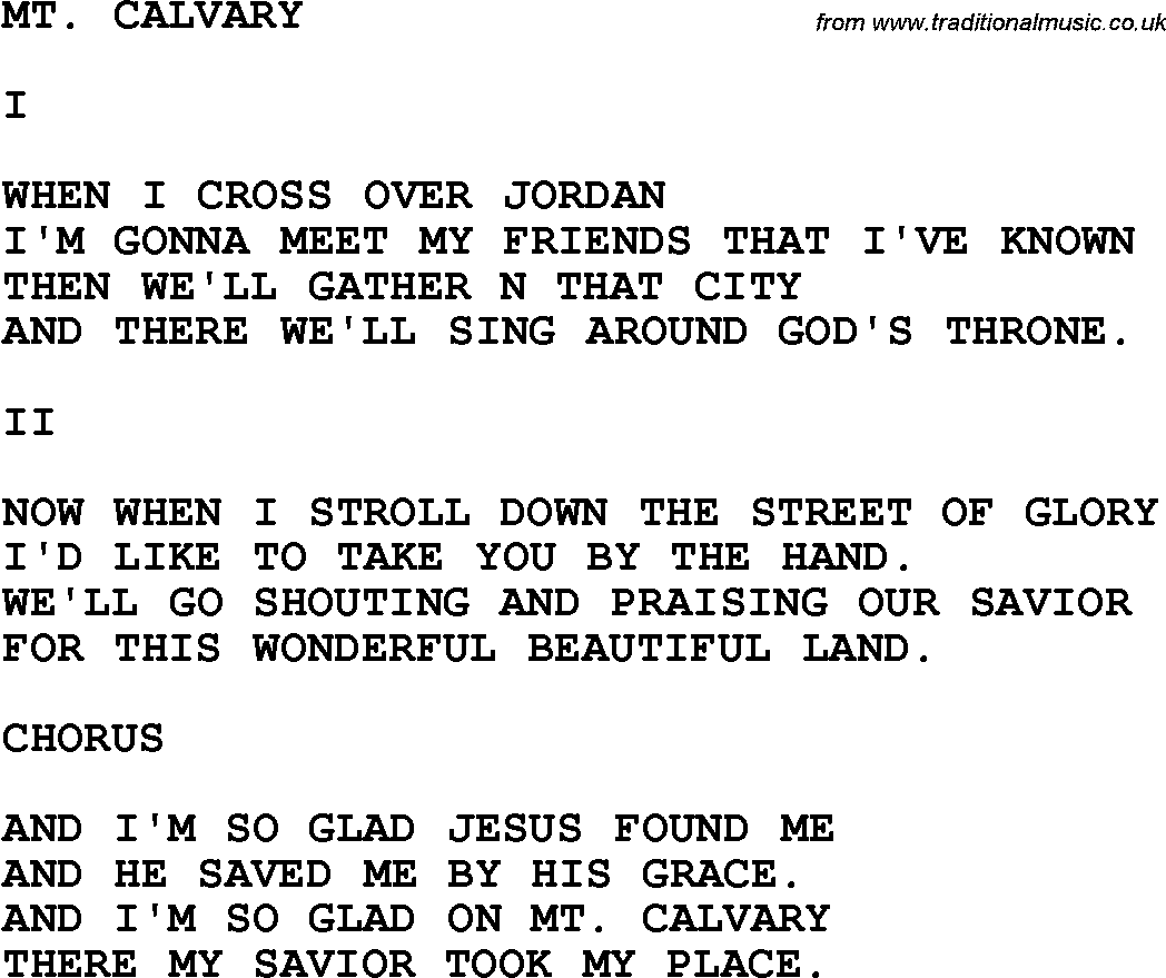 Country, Southern and Bluegrass Gospel Song Mt. Calvary lyrics 