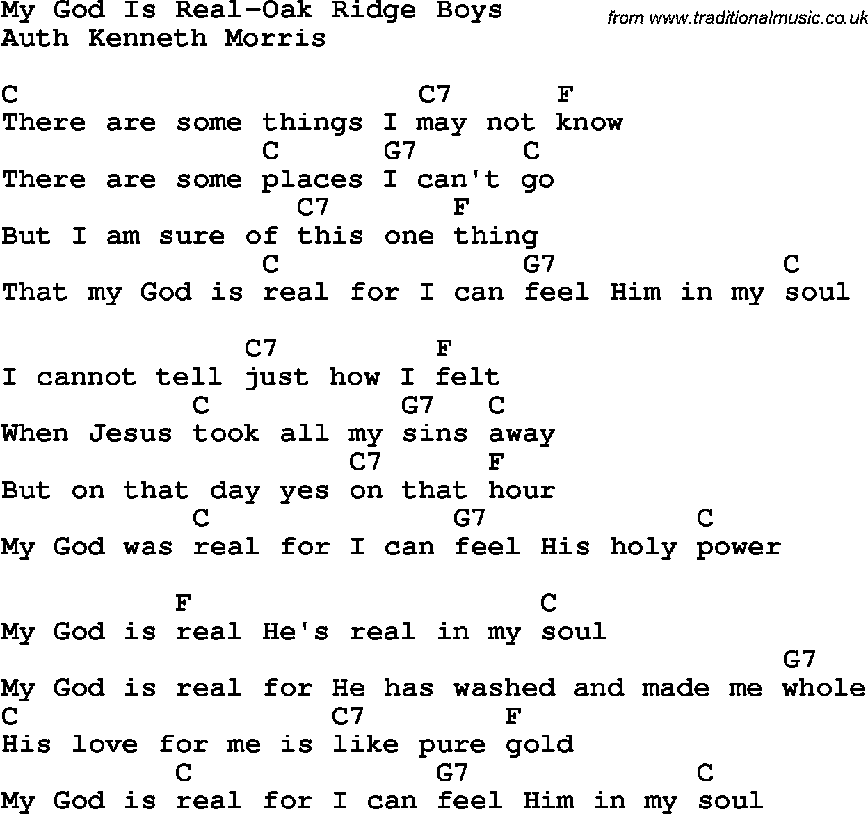 Country, Southern and Bluegrass Gospel Song My God Is Real-Oak Ridge Boys lyrics and chords