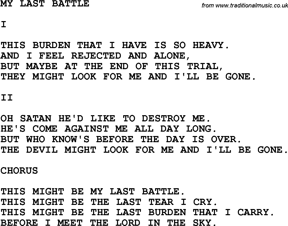Country, Southern and Bluegrass Gospel Song My Last Battle lyrics 