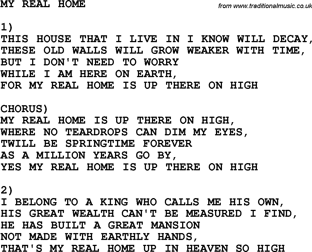 Country, Southern and Bluegrass Gospel Song My Real Home lyrics 