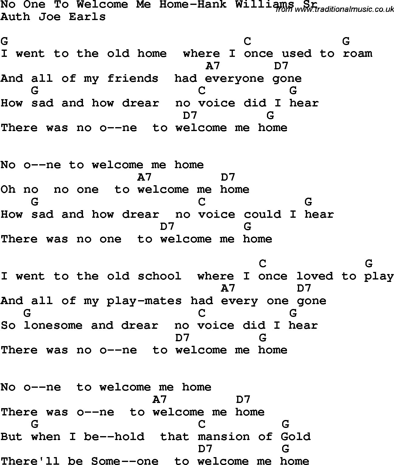 Country, Southern and Bluegrass Gospel Song No One To Welcome Me Home-Hank Williams Sr lyrics and chords