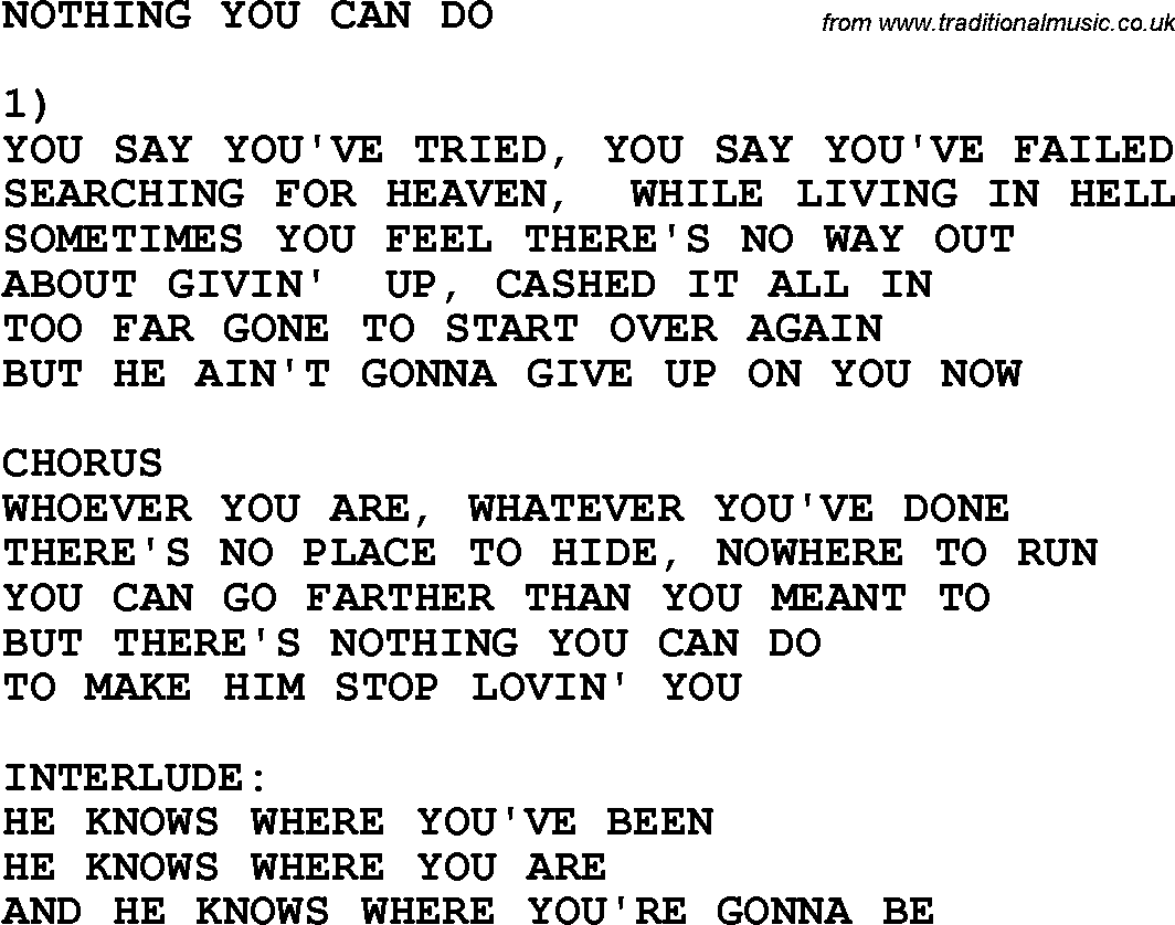 Country, Southern and Bluegrass Gospel Song Nothing You Can Do lyrics 