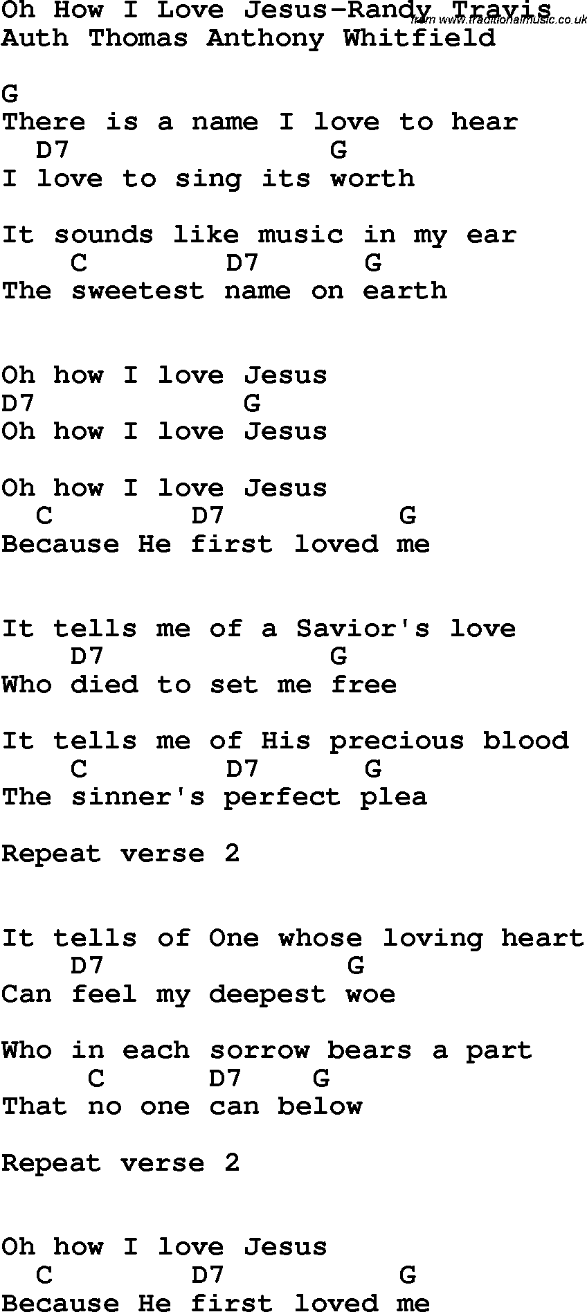 Country, Southern and Bluegrass Gospel Song Oh How I Love Jesus-Randy Travis lyrics and chords