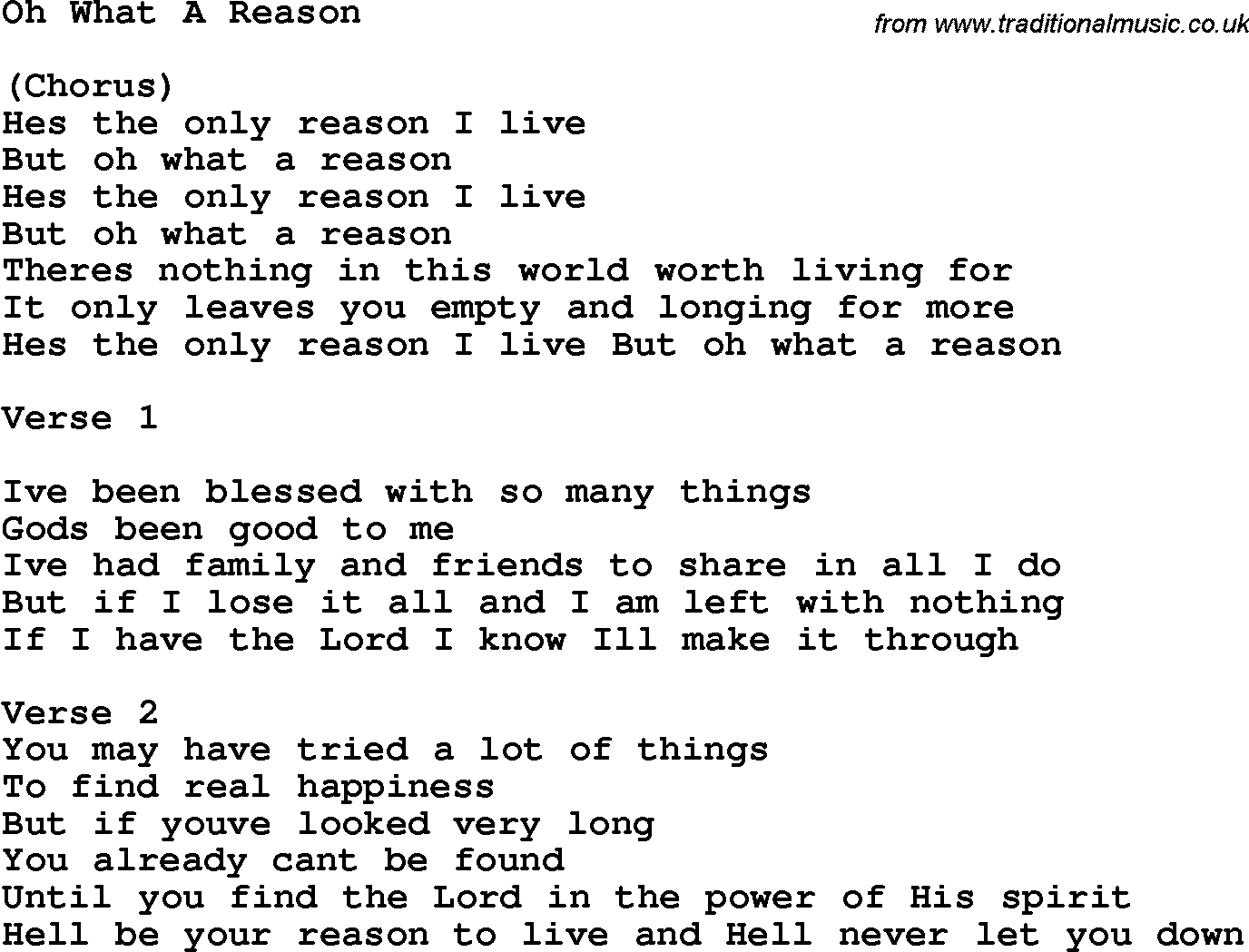 Country, Southern and Bluegrass Gospel Song Oh What A Reason lyrics 