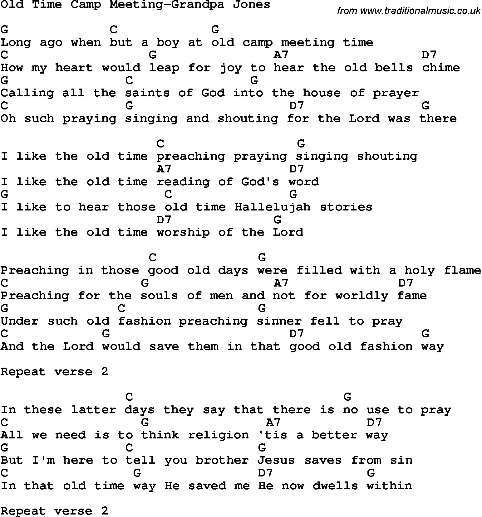 Country, Southern and Bluegrass Gospel Song Old Time Camp Meeting-Grandpa Jones lyrics and chords