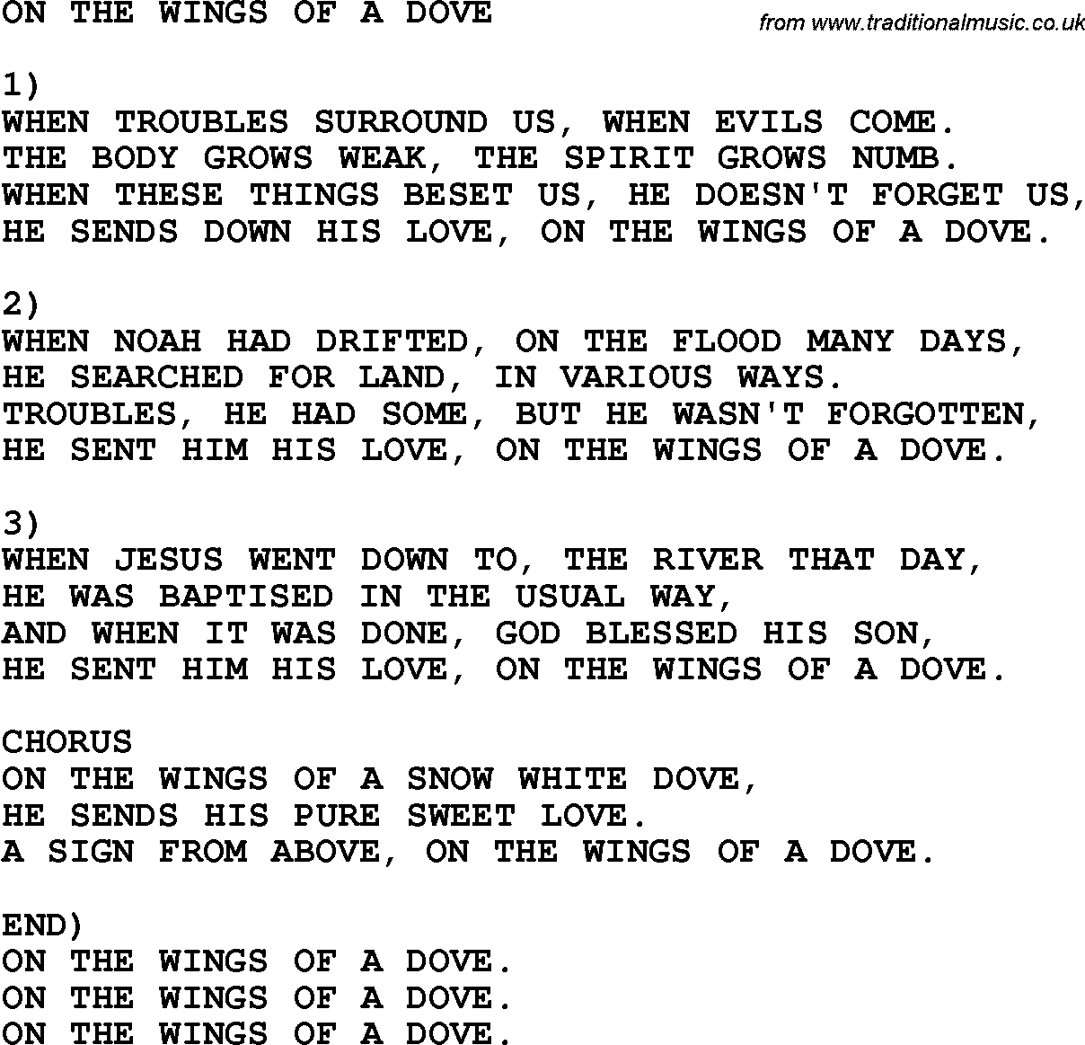 Country, Southern and Bluegrass Gospel Song On The Wings Of A Dove lyrics 